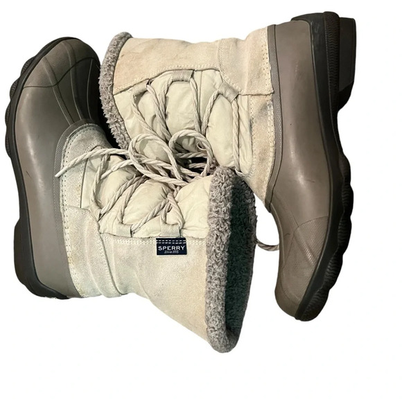 Sperry Syren Strait Oat Winter Bone Lace Up Boots snow rain faux fur pull on 8.5 - Picture 3 of 12